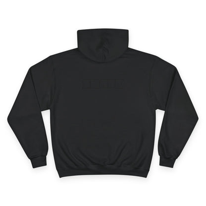 Black hoodie with a brand logo on the back against a white background