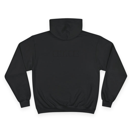 Black hoodie with a brand logo on the back against a white background