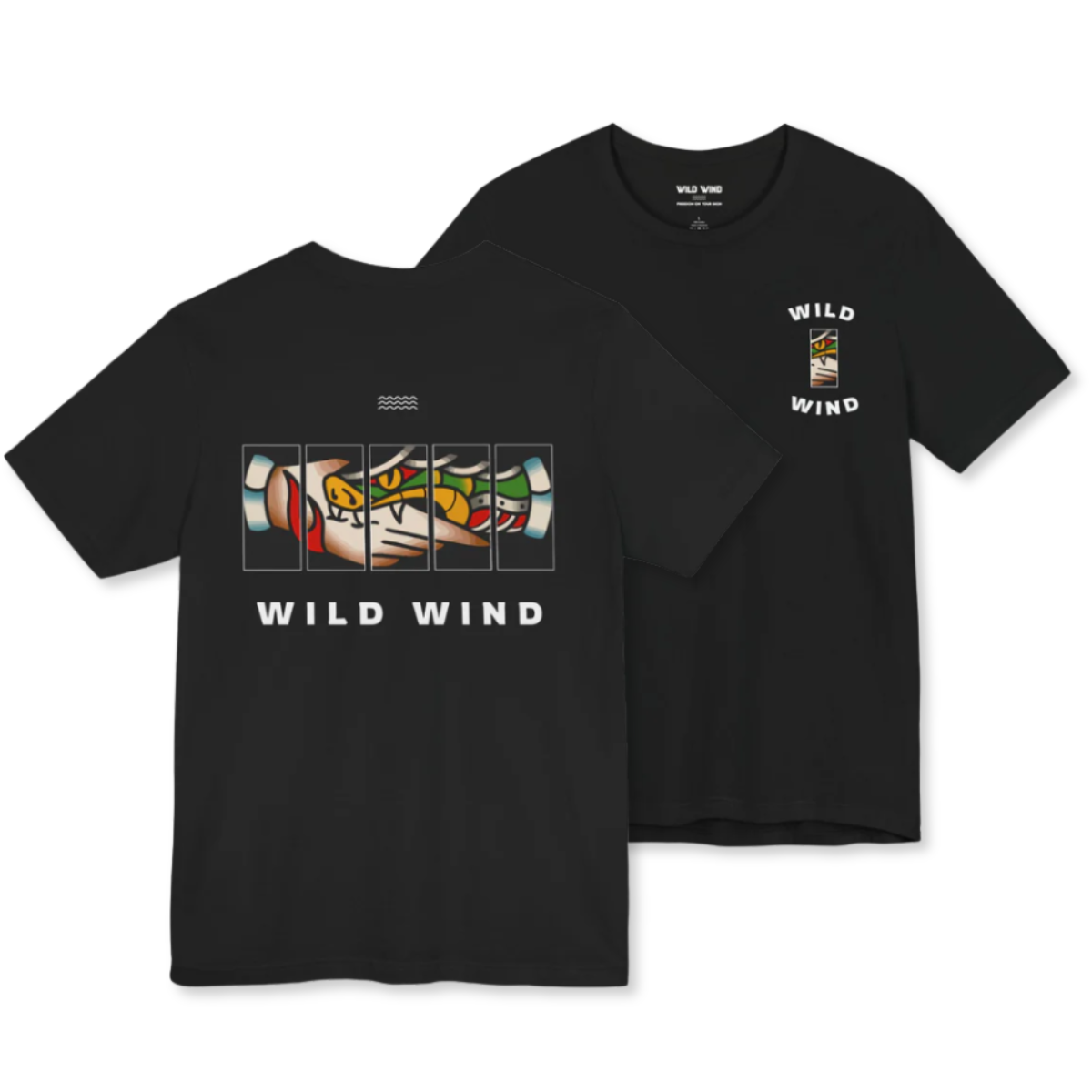 Snake Bite American Tattoo Style Black T Shirt Man, front and back 