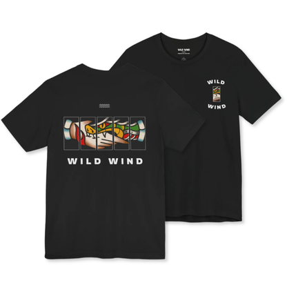 Snake Bite American Tattoo Style Black T Shirt Man, front and back 