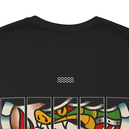 Black t-shirt with a colorful snake biting a hand design