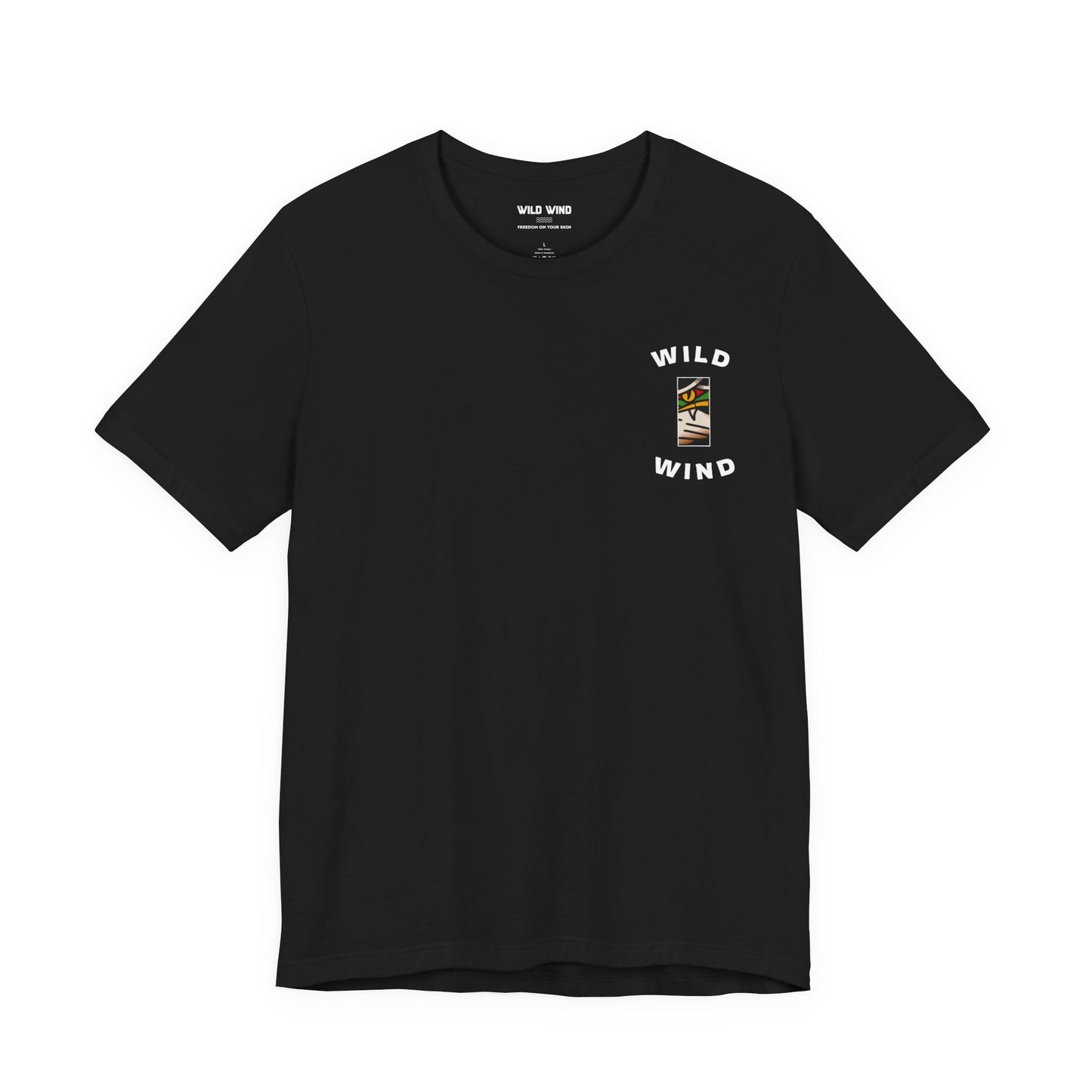 Black t-shirt with 'Wild Wind' logo on a white background
