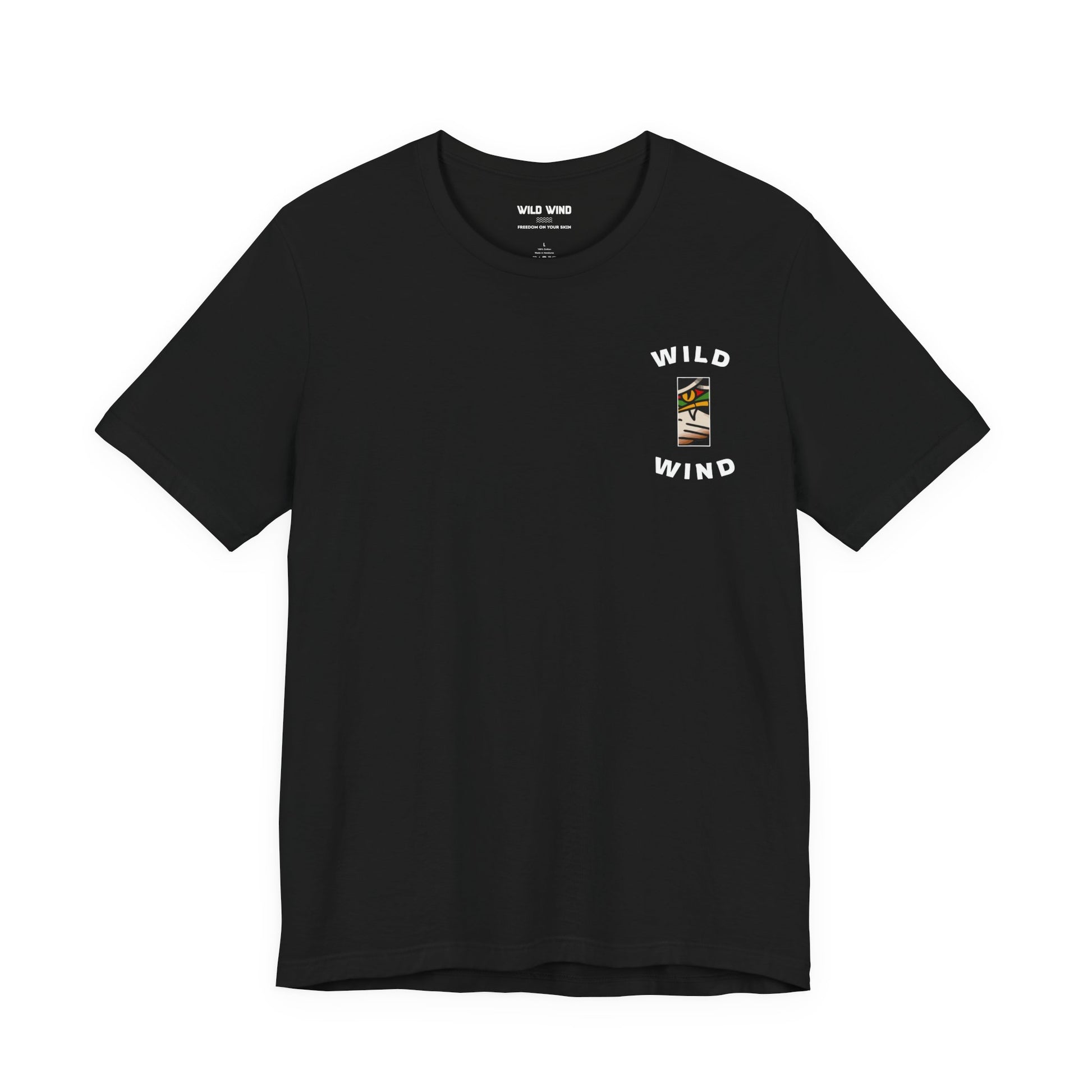 Black t-shirt with 'Wild Wind' logo on a white background