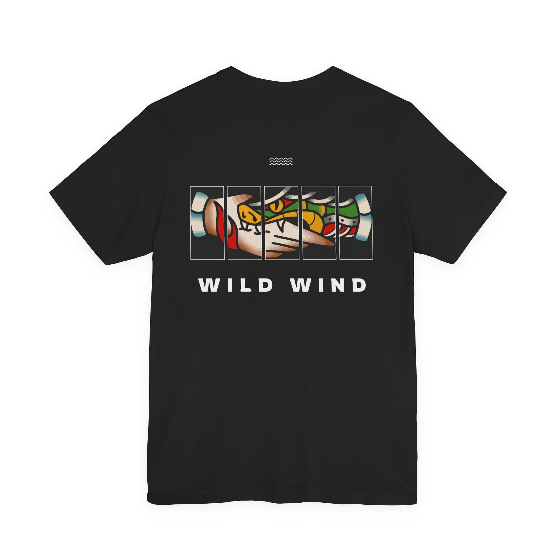 Black t-shirt with colorful snake biting a hand, traditional tattoo style and the text 'WILD WIND' beklow