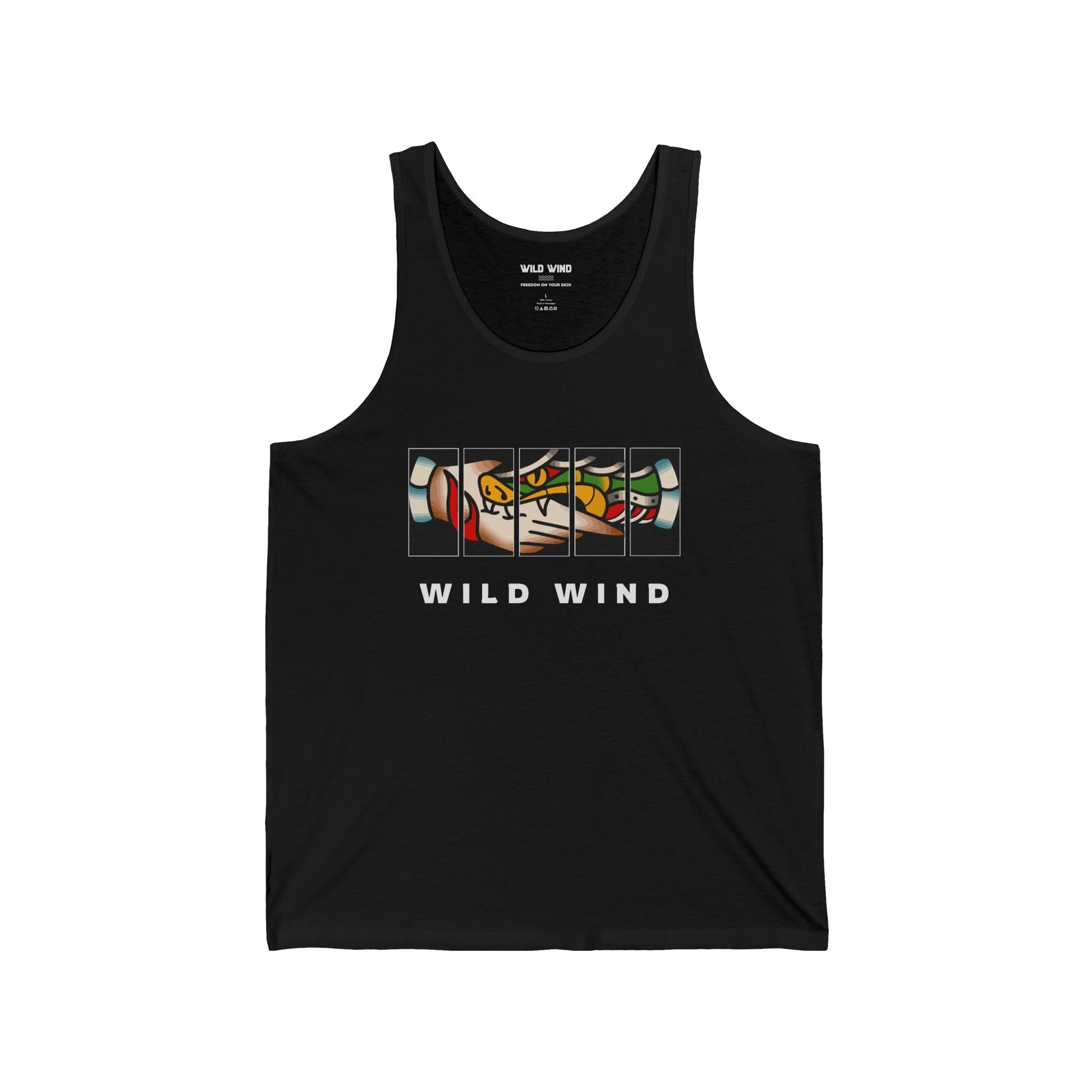 Snake bite American Classic Tattoo in a black tank top.