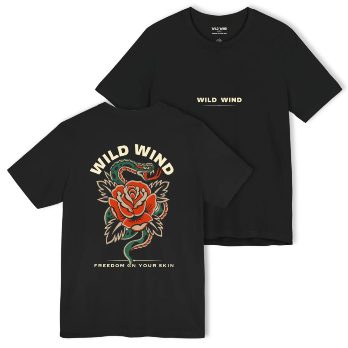 Black t-shirt with 'Wild Wind' branding and snake and rose design on a white background