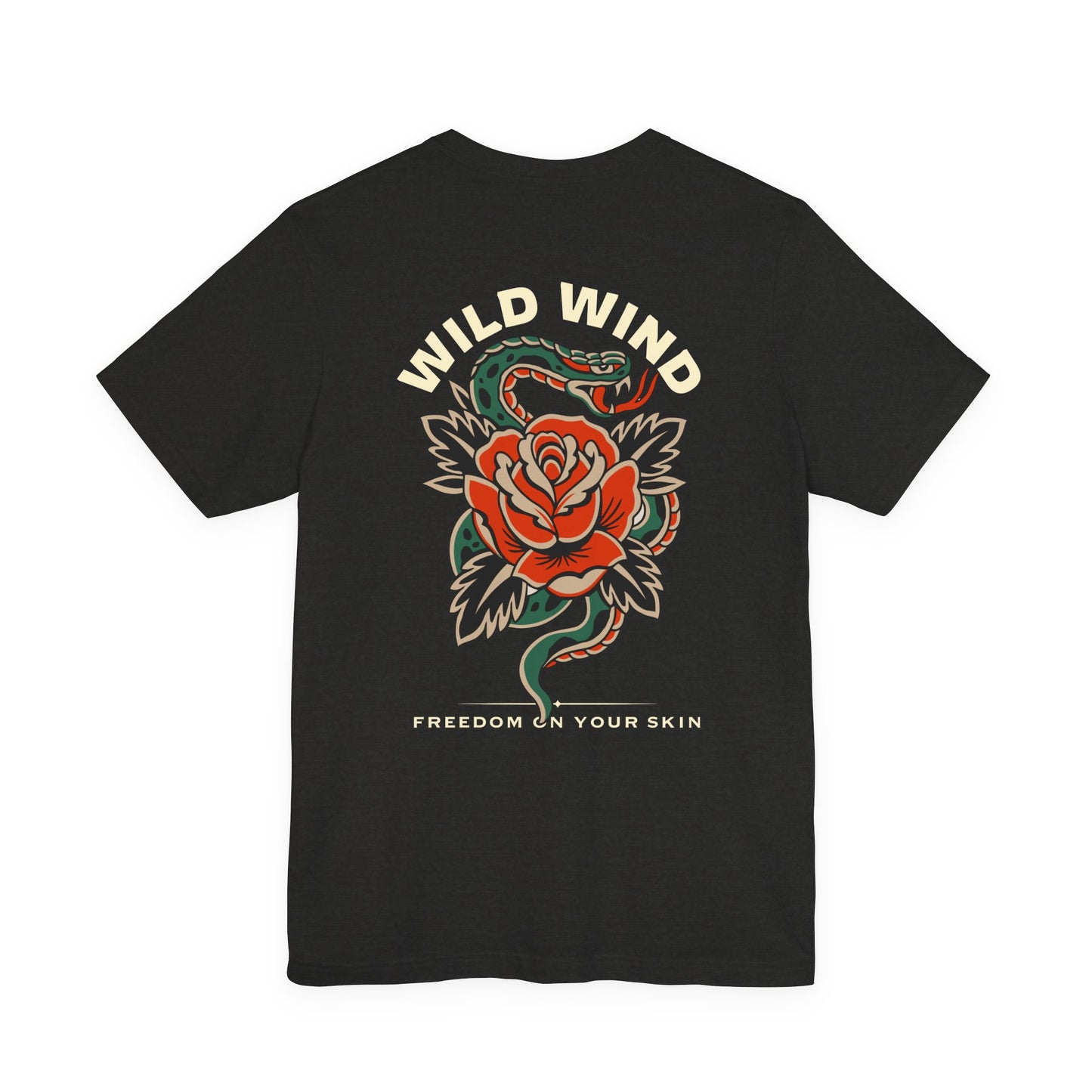 Black t-shirt with a snake and rose design and 'Wild Wind, freedom on your skin' text