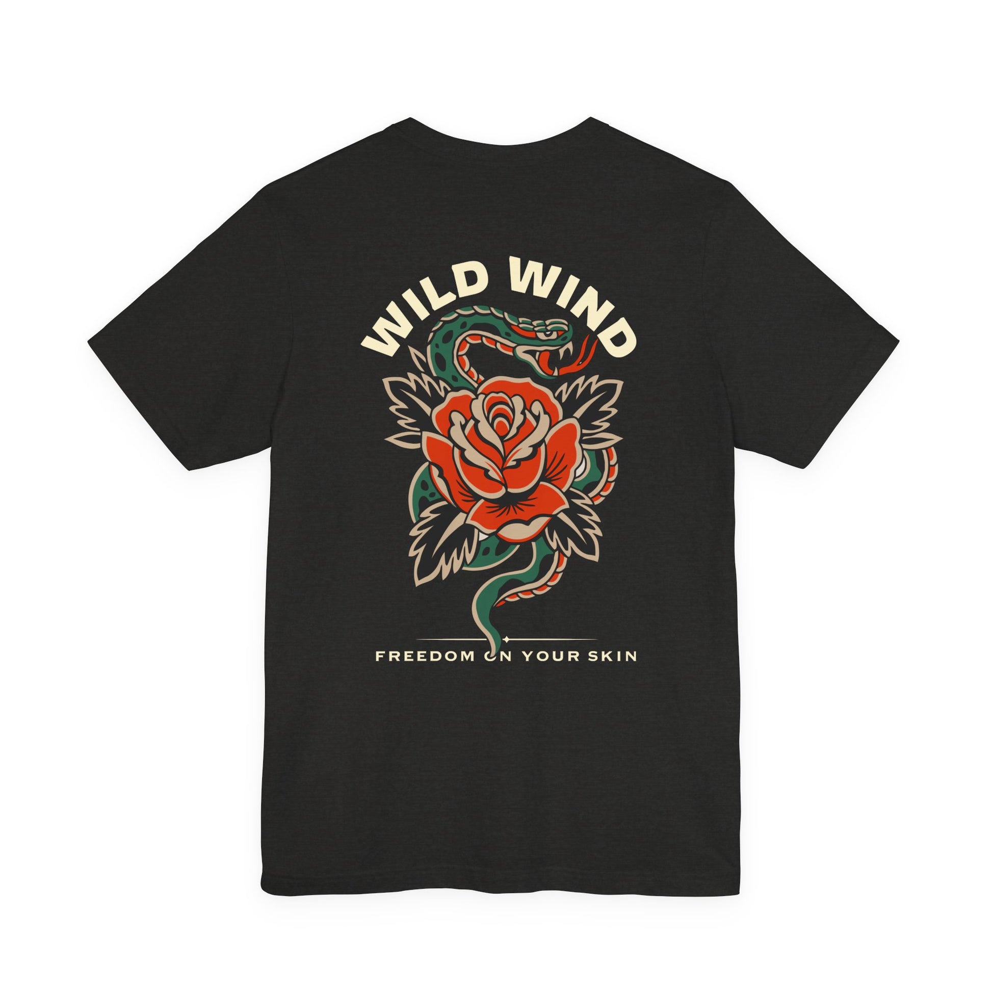 Black t-shirt with a snake and rose design and 'Wild Wind, freedom on your skin' text