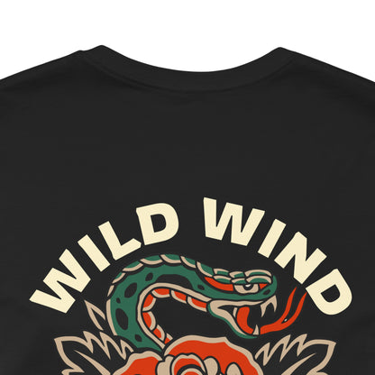 Dark t-shirt with 'Wild Wind' snake design on a white background