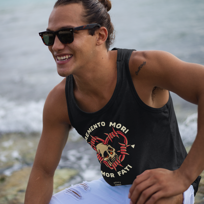 Man wearing a sblack tank top with a stoic tattoo inspired graphic design