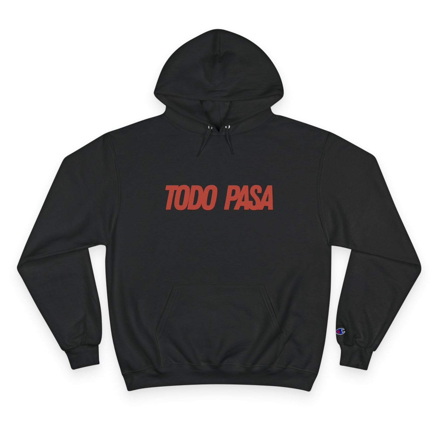 Black hoodie with 'TODO PASA' text in red on a white background
