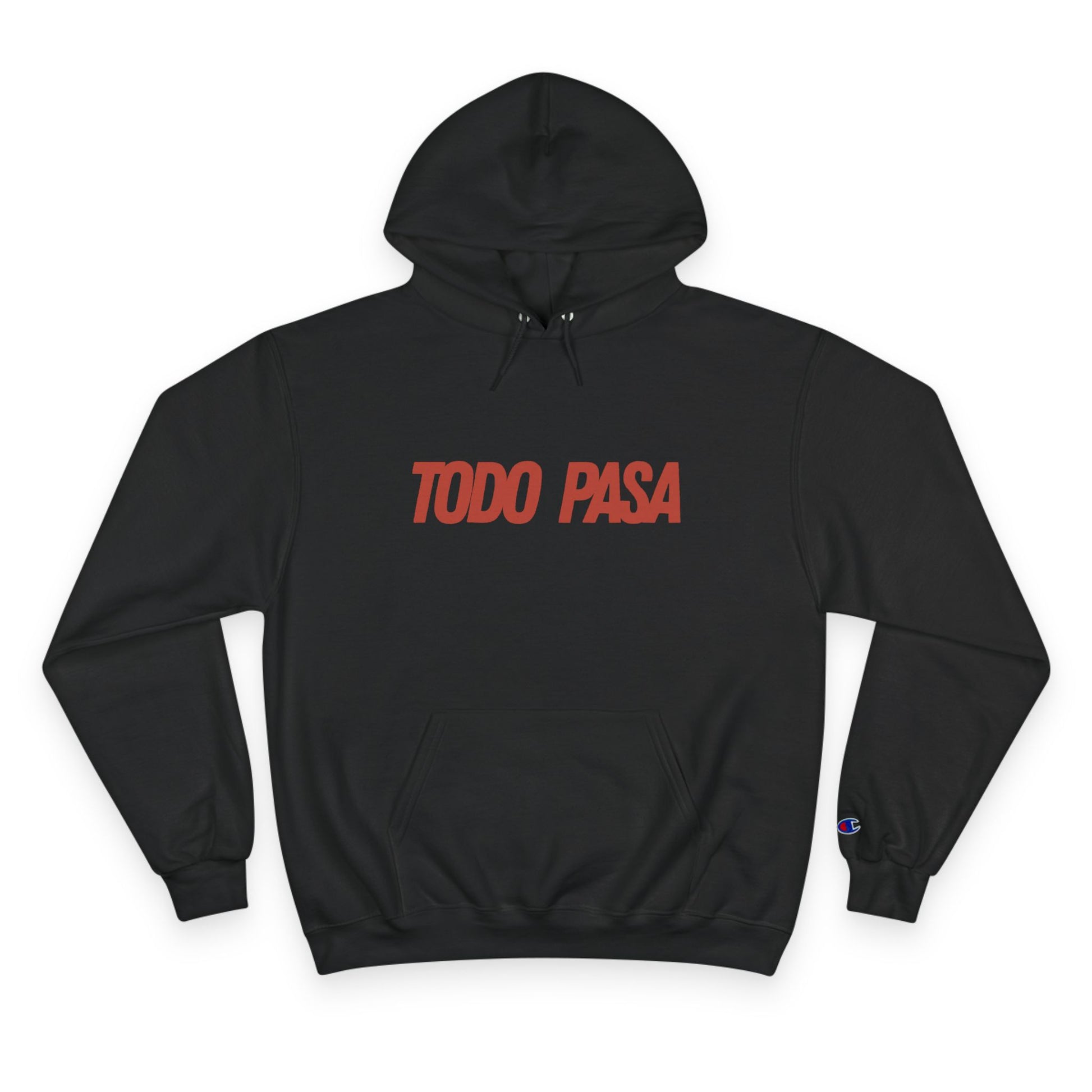 Black hoodie with 'TODO PASA' text in red on a white background