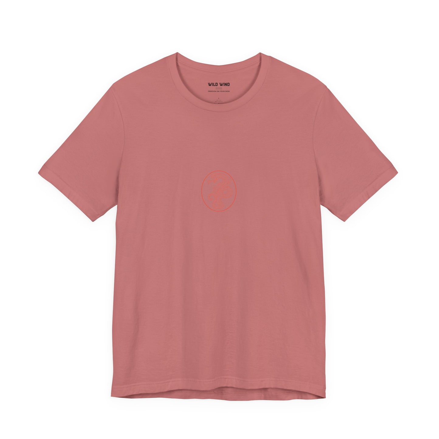 Pink t-shirt with a small logo on a white background