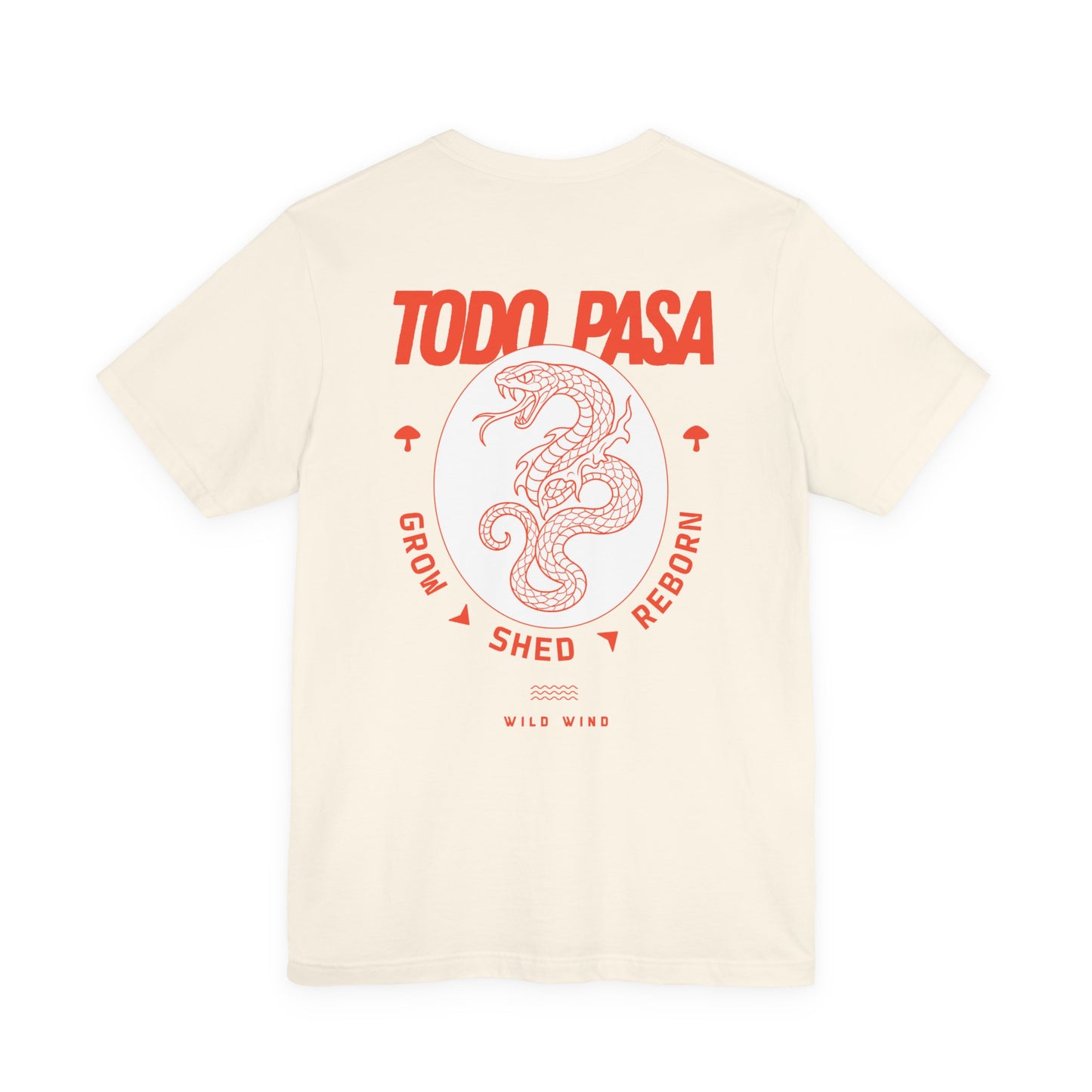 Beige t-shirt with red graphic design on a white background