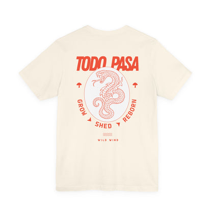 Beige t-shirt with red graphic design on a white background