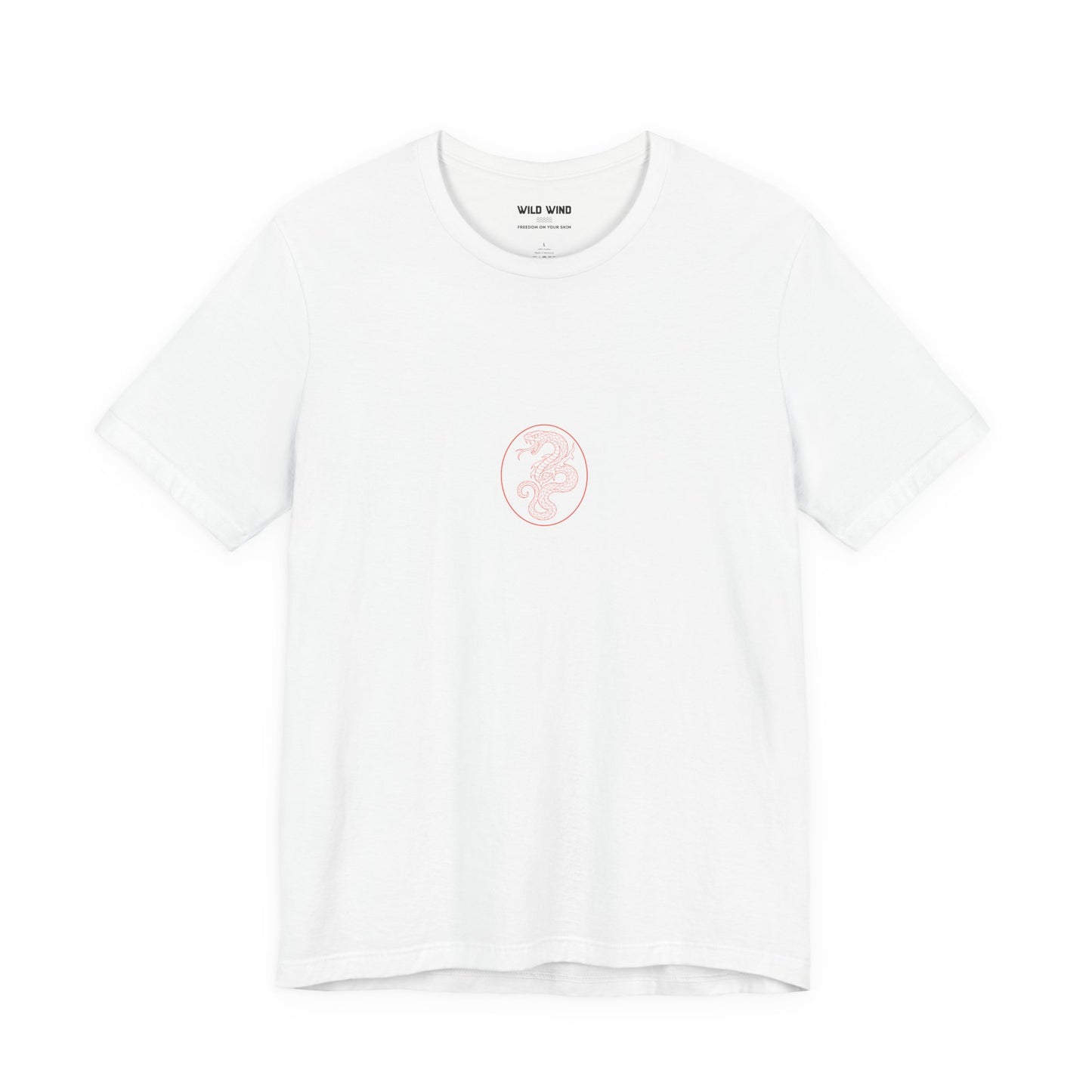 White t-shirt with a small logo on a white background