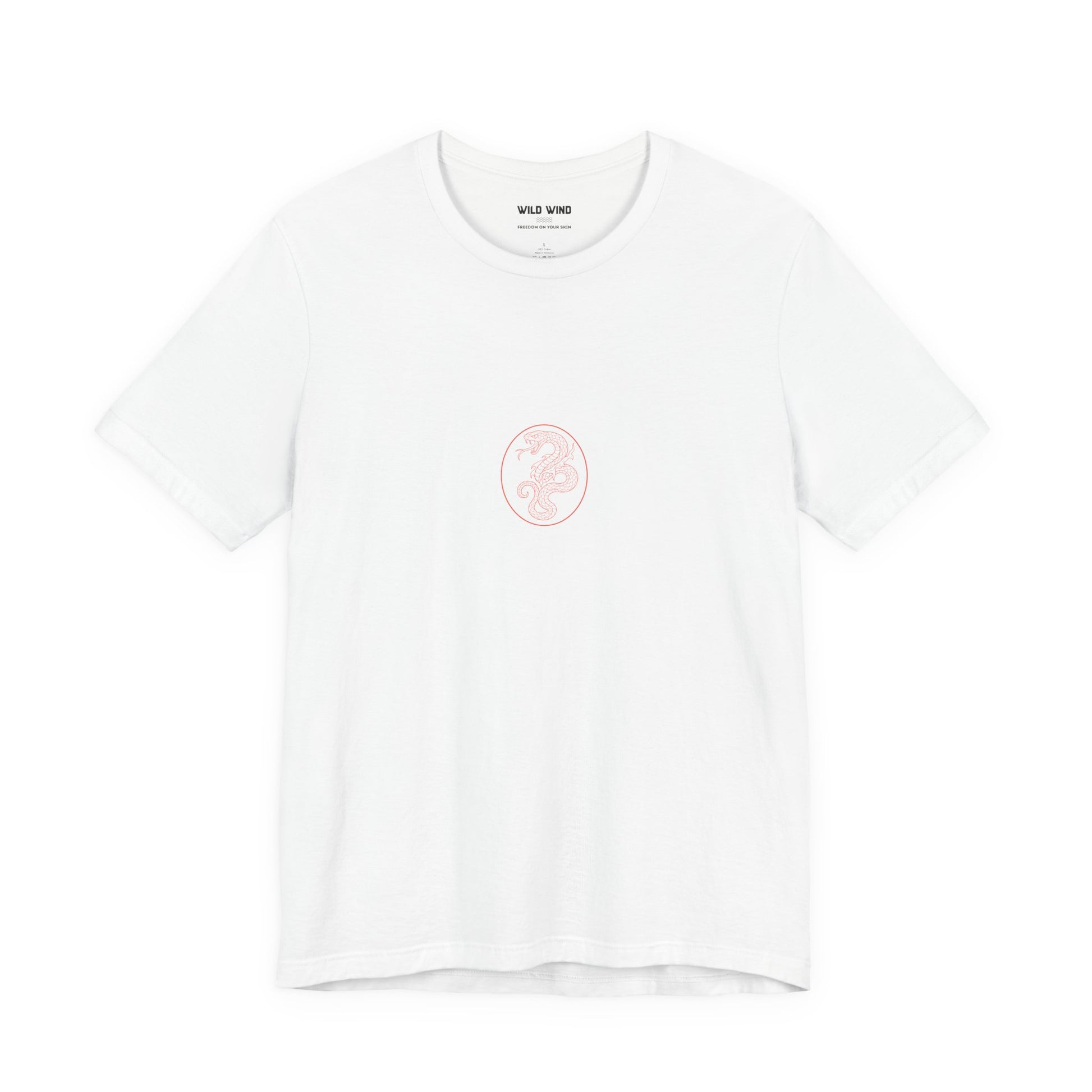 White t-shirt with a small logo on a white background