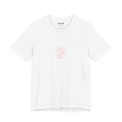White t-shirt with a small logo on a white background