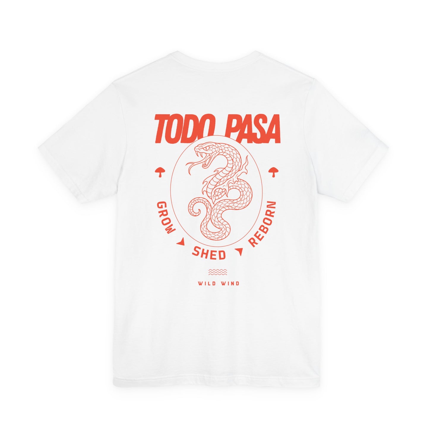 White t-shirt with red graphic design of a snake and text on a white background