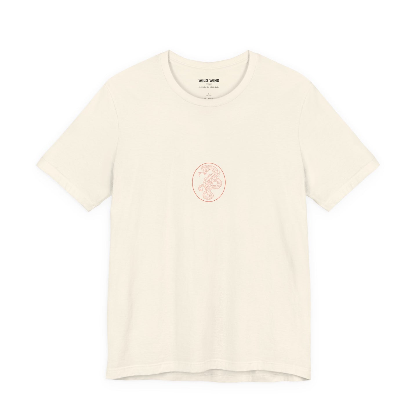 Beige t-shirt with a small logo on a white background