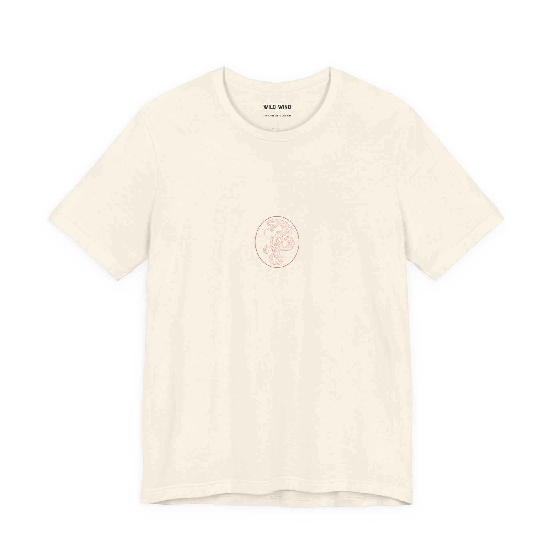 Beige t-shirt with a small logo on a white background