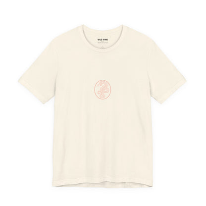 Beige t-shirt with a small logo on a white background