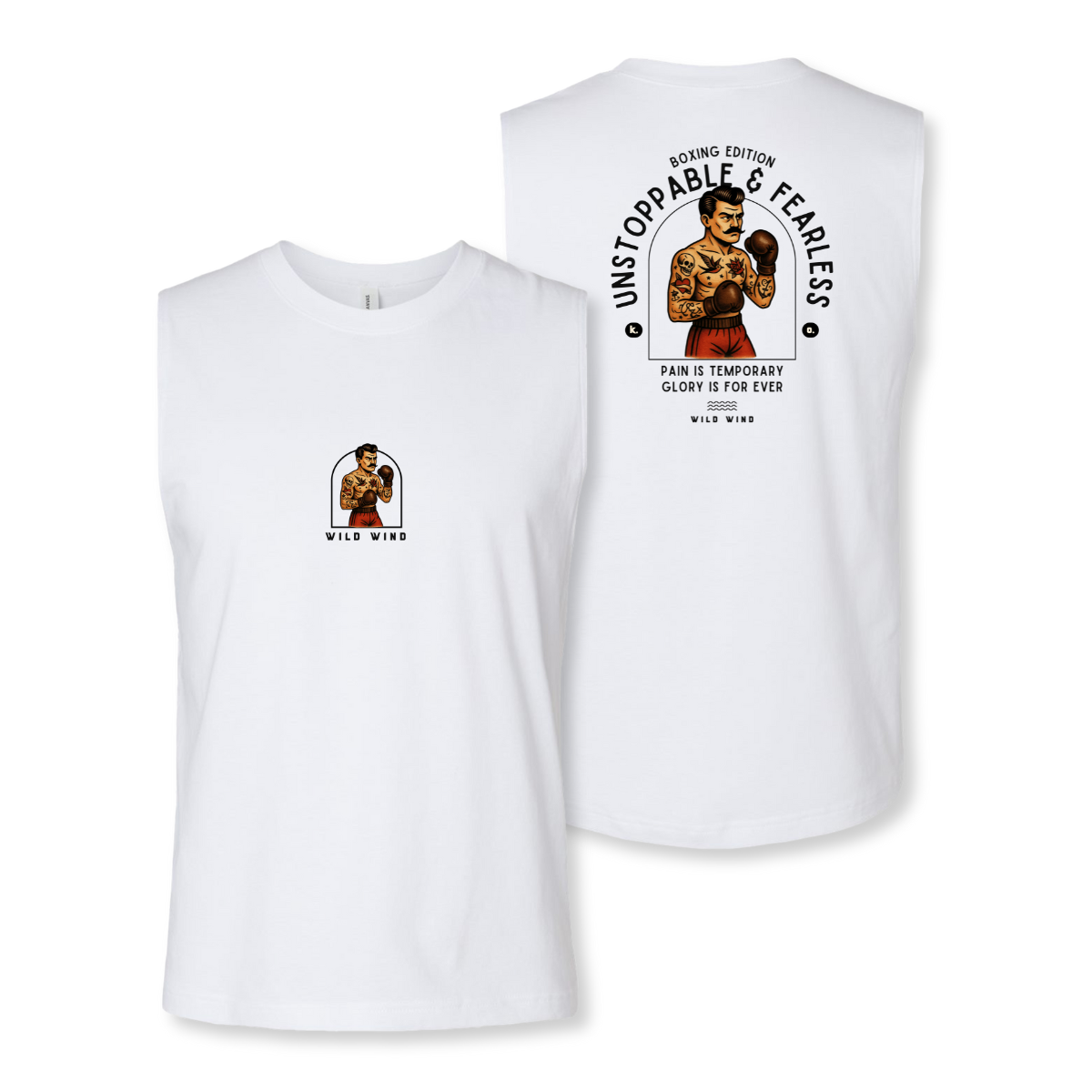 White sleeveless shirt with motivational graphic and text on a white background