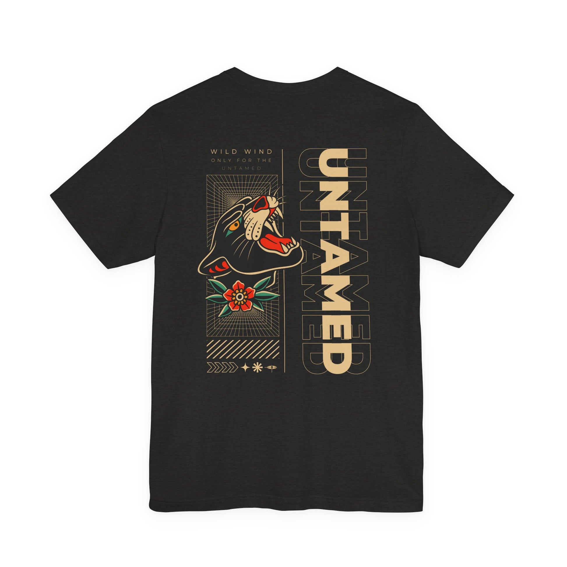 Black t-shirt with a graphic design of a panther  and 'Untamed' text on a white background