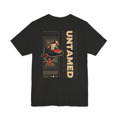 Black t-shirt with a graphic design of a panther  and 'Untamed' text on a white background