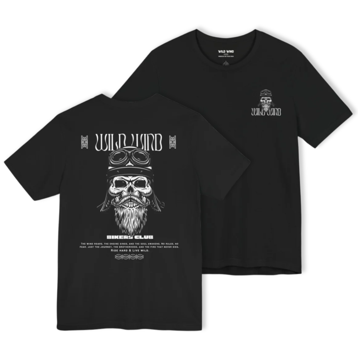 Black t-shirt with a graphic design of a skull wearing goggles and a beard, with text on a white background.