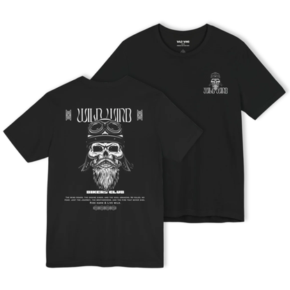 Black t-shirt with a graphic design of a skull wearing goggles and a beard, with text on a white background.