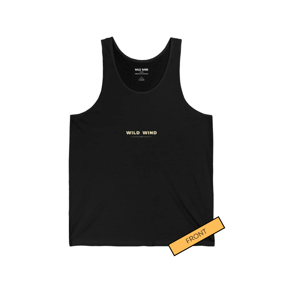 Black tank top with a minimalist 'WILD WIND'