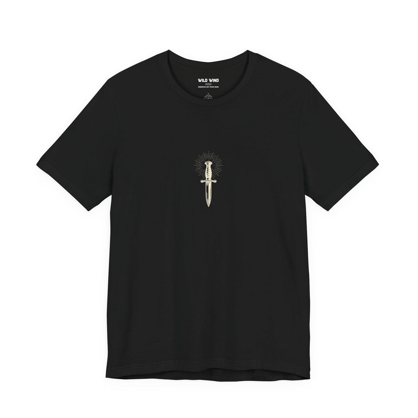 Black t-shirt with a clean dagger design.