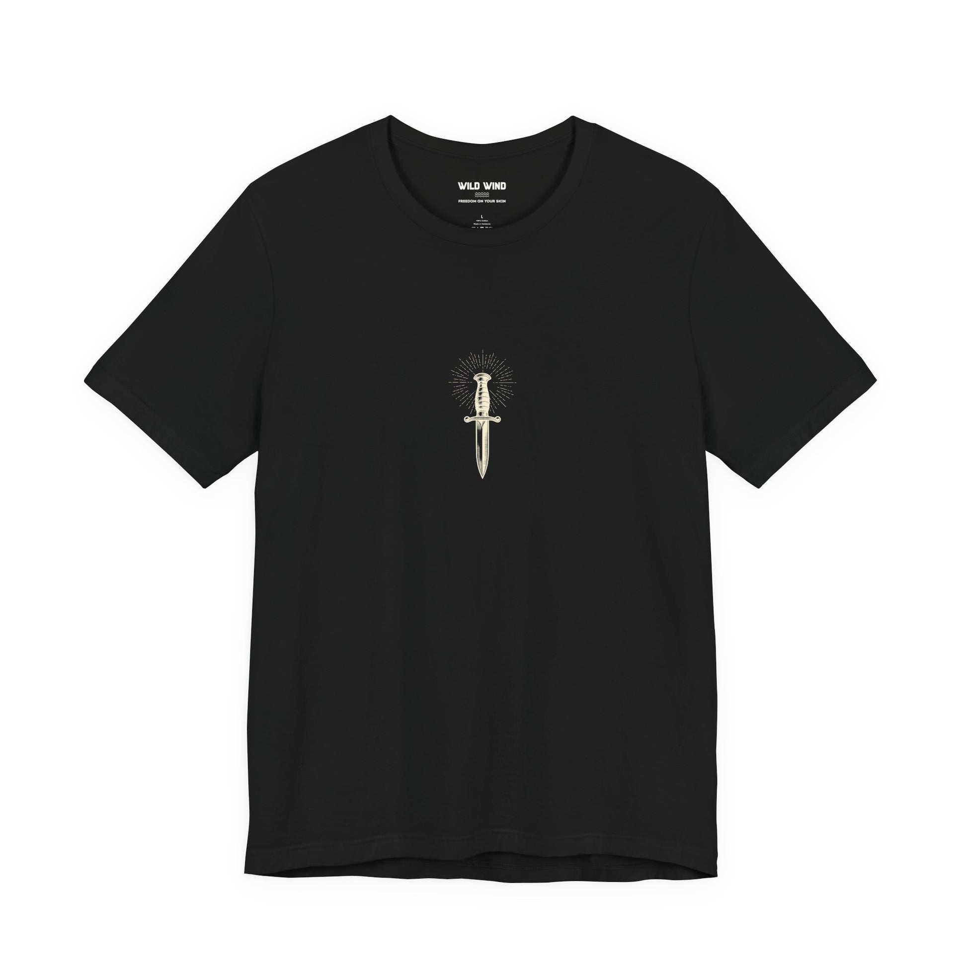 Black t-shirt with a clean dagger design.