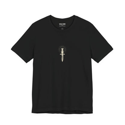 Black t-shirt with a clean dagger design.