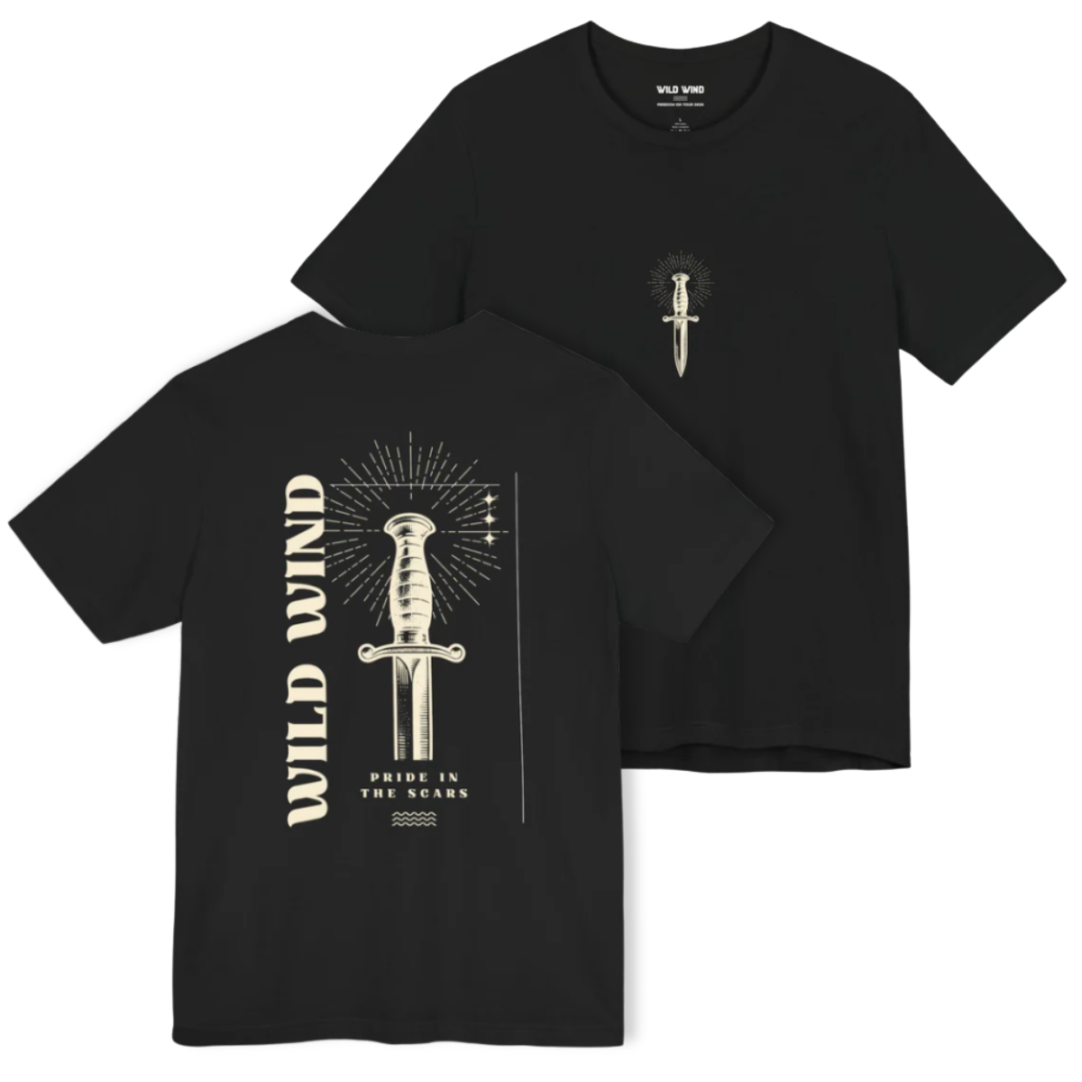 Black t-shirt with a sword graphic and 'Wild Wind' text on a white background