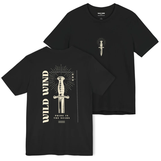 Black t-shirt with a sword graphic and 'Wild Wind' text on a white background