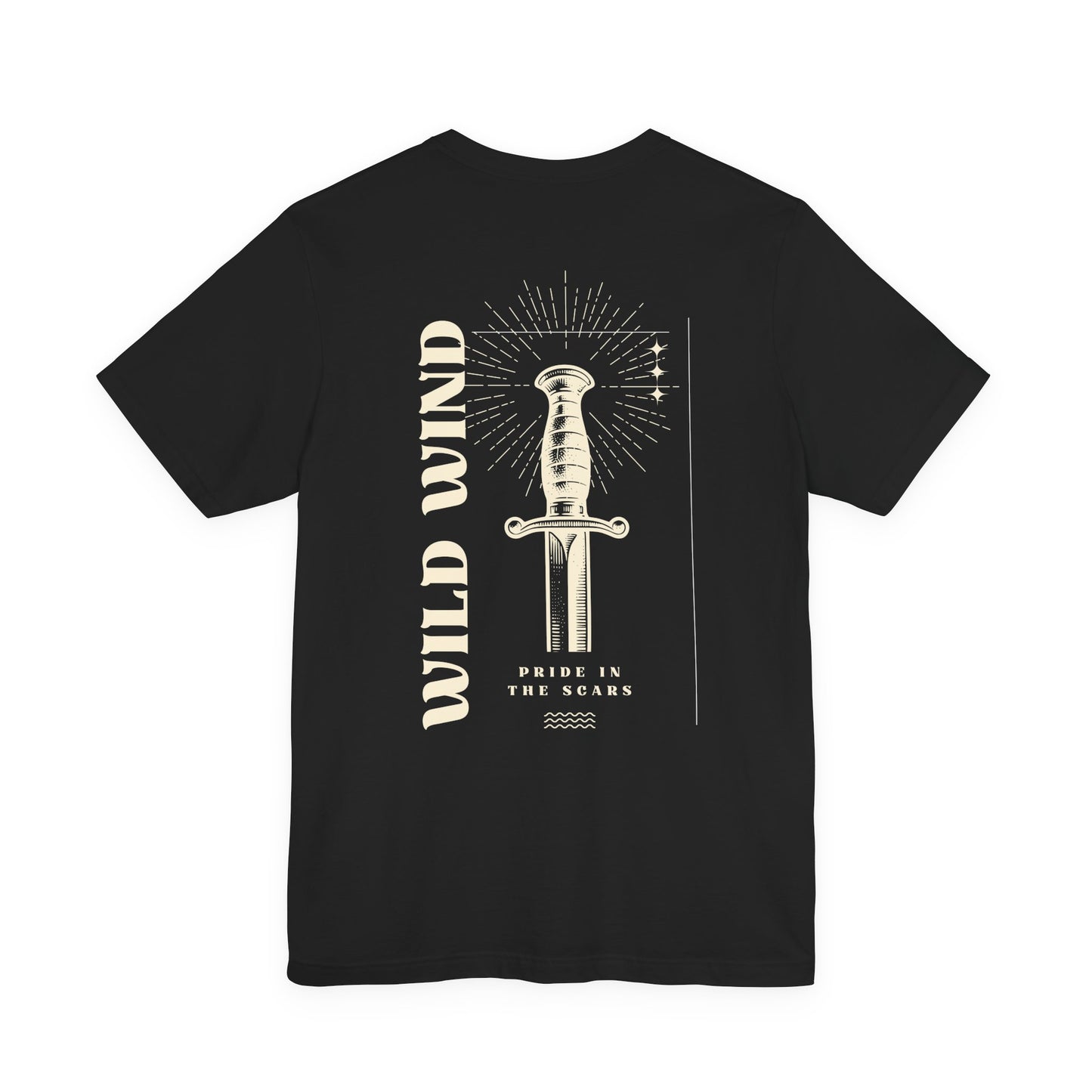 Black t-shirt with a sword and the text 'pride in the scars'