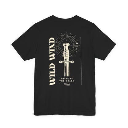 Black t-shirt with a sword and the text 'pride in the scars'