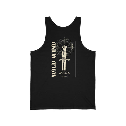 Black tank top with a dagger in wihite