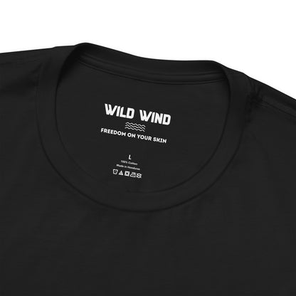 Black t-shirt with 'Wild Wind' text and branding on a white background