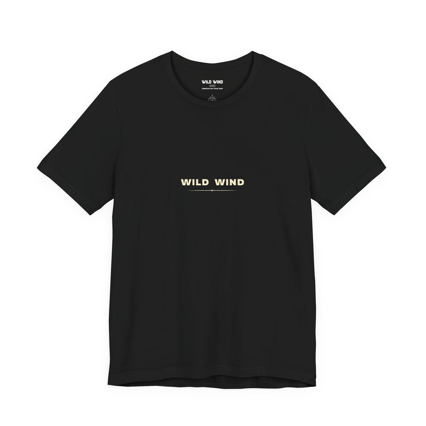 Black t-shirt with 'WILD WIND' text on a white background