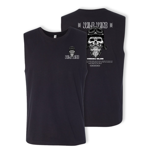 Black sleeveless shirt with graphic design on front and back on a white background