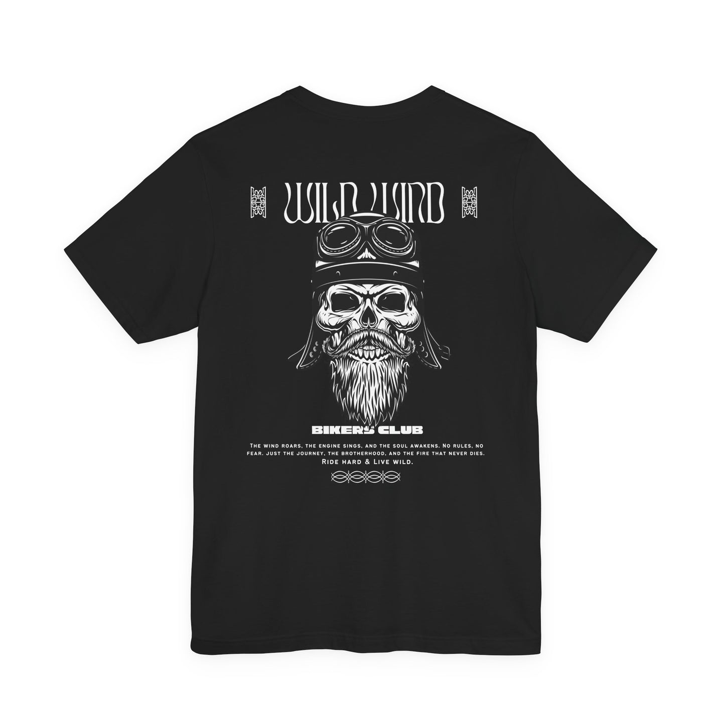 Black t-shirt with a skull and goggles graphic on the back, featuring 'Wild Wild' text.