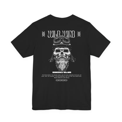 Black t-shirt with a skull and goggles graphic on the back, featuring 'Wild Wild' text.