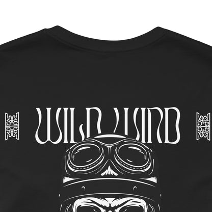 dark grey t-shirt with 'Wild Wind' design featuring goggles and tribal elements on a white background