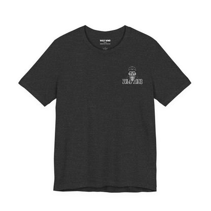 dark grey t-shirt with a logo on the chest against a white background