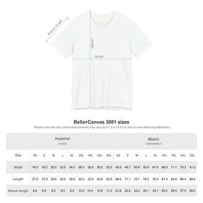 White t-shirt with measurement chart for Bella+Canvas 3001 sizes on a white background
